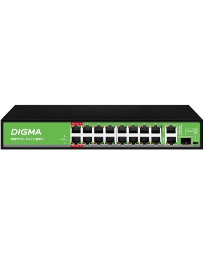DSP216F-1G-1C-R300 (L2) 16х100Мбит/с 1х1Гбит/с 1хКомбо(1000BASE-T/SFP) 16PoE 16PoE+ 2PoE++ 300W. Коммутатор с питанием по PoE. Digma в Раменском