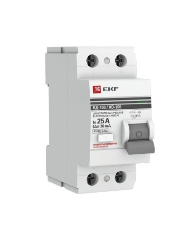 УЗО ВД-100 2P 25А 30мА тип AC эл-мех  PROxima (elcb-2-25-30-em-pro). Выключатель дифференциального тока (УЗО). EKF в Раменском