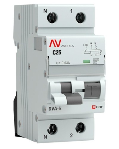 DVA-6 1P+N 25А (C) 30мА (AC) 6кА  AVERES (rcbo6-1pn-25C-30-ac-av). Автоматический выключатель дифференциального тока. EKF в Раменском