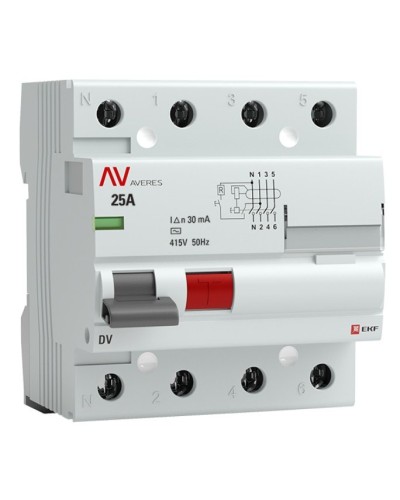 DV 4P 25А/ 30мА (AC)  AVERES (rccb-4-25-30-ac-av). Выключатели дифференциального тока (УЗО). EKF в Раменском
