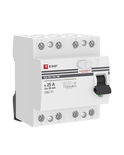 УЗО ВД-100 4P 25А 30мА тип AC эл-мех  PROxima (elcb-4-25-30-em-pro). Выключатель дифференциального тока (УЗО). EKF в Раменском