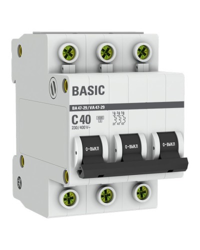 Автоматический выключатель 3P 40А (C) 4,5кА ВА 47-29 Basic (mcb4729-3-40C). Автоматический выключатель. EKF в Раменском