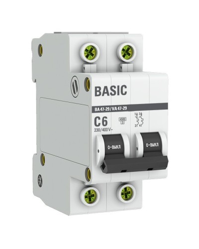 Автоматический выключатель 2P 6А (C) 4,5кА ВА 47-29 Basic (mcb4729-2-06C). Автоматический выключатель. EKF в Раменском