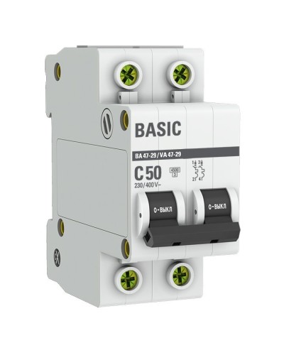 Автоматический выключатель 2P 50А (C) 4,5кА ВА 47-29 Basic (mcb4729-2-50C). Автоматический выключатель. EKF в Раменском