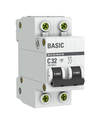 Автоматический выключатель 2P 32А (C) 4,5кА ВА 47-29 Basic (mcb4729-2-32C): Автоматический выключатель в Раменском