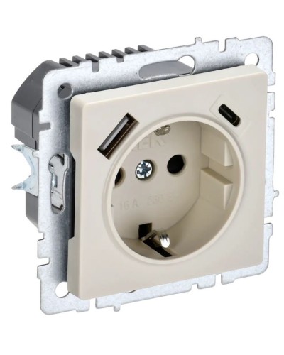 Розетка с з/к с USB A+C 18Вт РЮш11-1-БрКр бежевый BRITE (BR-R14-16-U22-018-K10). Розетка с заземлением с защитными шторками, 18Вт. IEK в Раменском