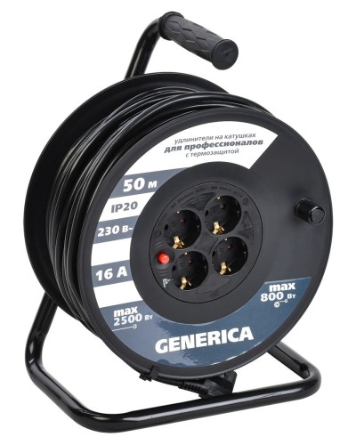 УК50 4 места 2P+PE, 50м GENERICA (WKP20-16-04-50-G). Удлинитель на катушке с термозащитой, 3х1,5кв.мм. IEK в Раменском