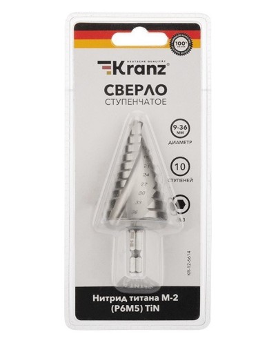 Сверло по металлу ступенчатое ТИТАН 9,0-36,0 мм 110 mm 65 HRC Р6М5 TiN Kranz (KR-12-6614): Сверло по металлу шлифованное в Раменском
