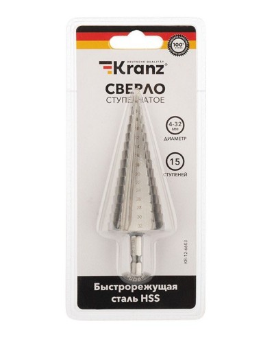 Сверло по металлу ступенчатое 4,0-32,0 мм 102 mm 62 HRC Kranz (KR-12-6603): Сверло по металлу шлифованное в Раменском